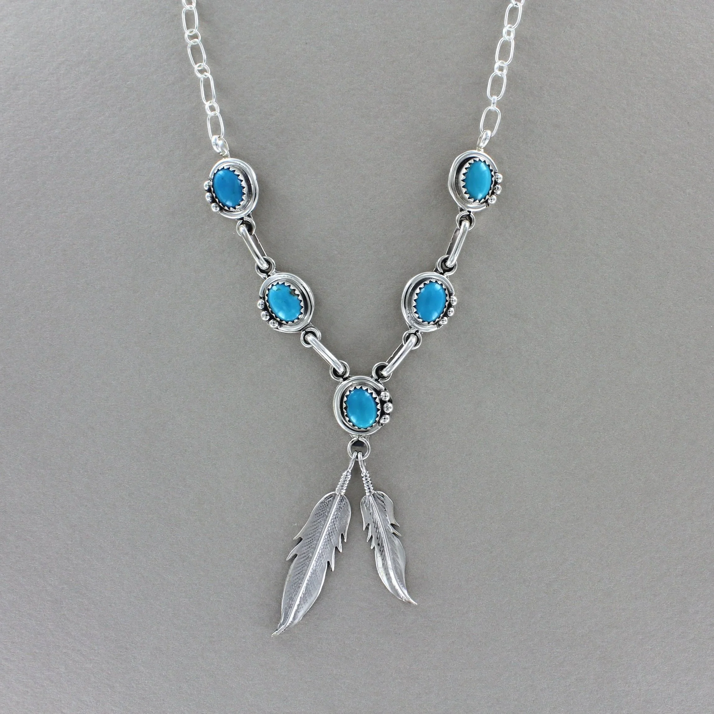Turquoise and Sterling Silver Feather Necklace by Rita Largo
