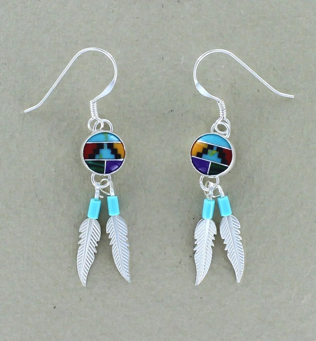 7mm Aztec Round Drop Earrings with 2 Feathers