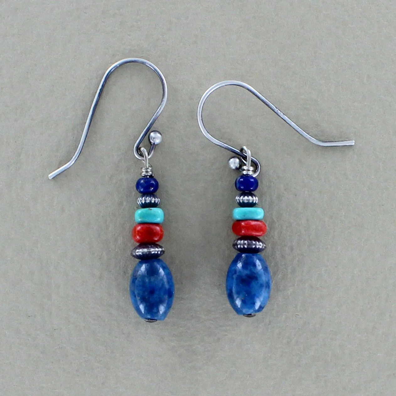 Sponge coral, turquoise, denim lapis bead earrings