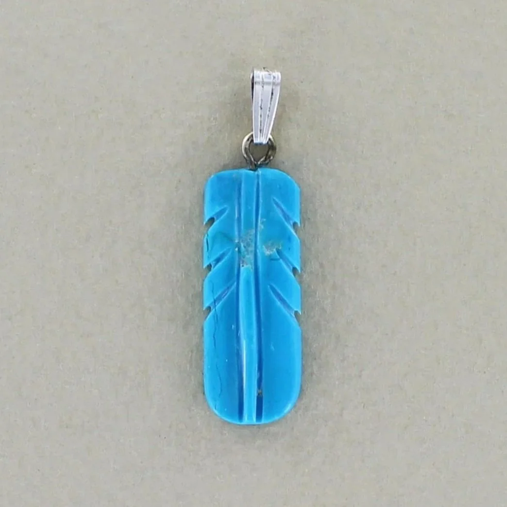 Kingman Turquoise Hand Carved Feather Pendant by Navajo Artisan Stacey Turpen