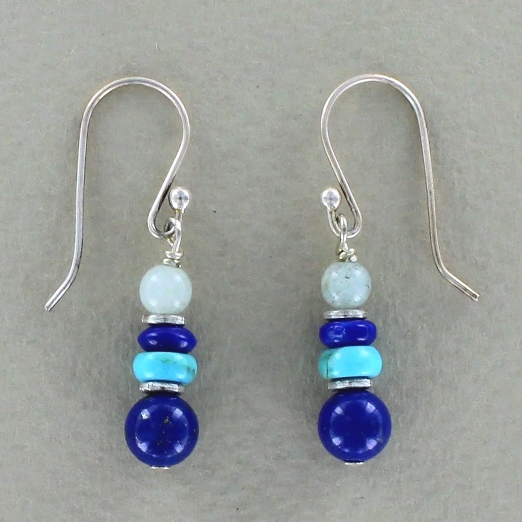 Aquamarine, Turquoise, Denim Lapis Bead Drop Earrings by Mary Salazar