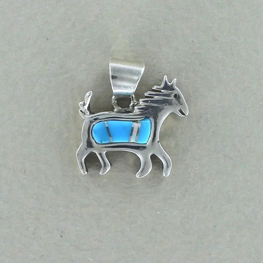 Silver and Turquoise Inlay Horse Pendant by Calvin Begay