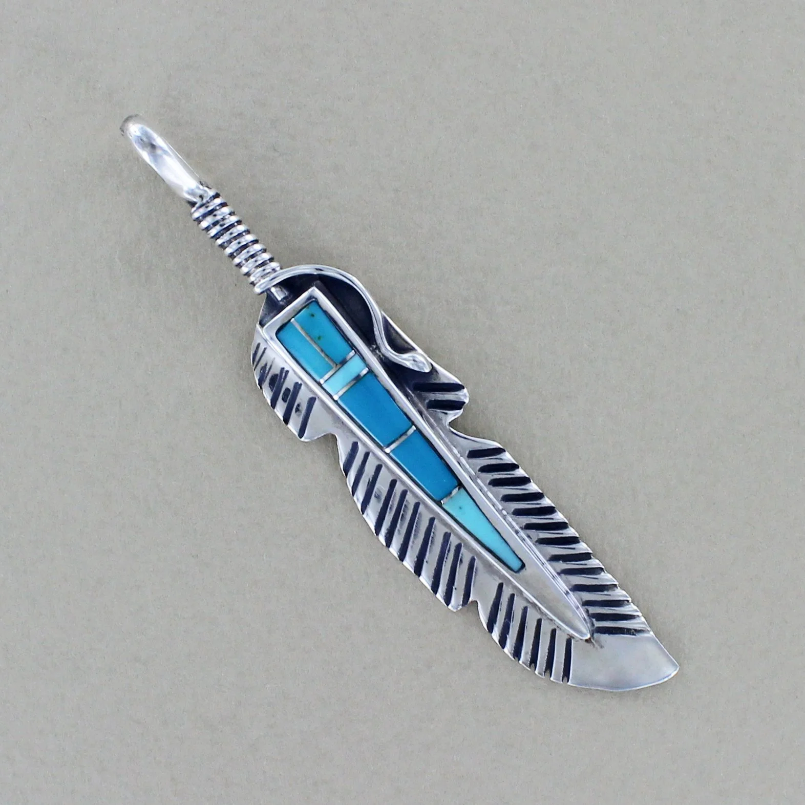 Navajo Turquoise Inlay Feather Pendant