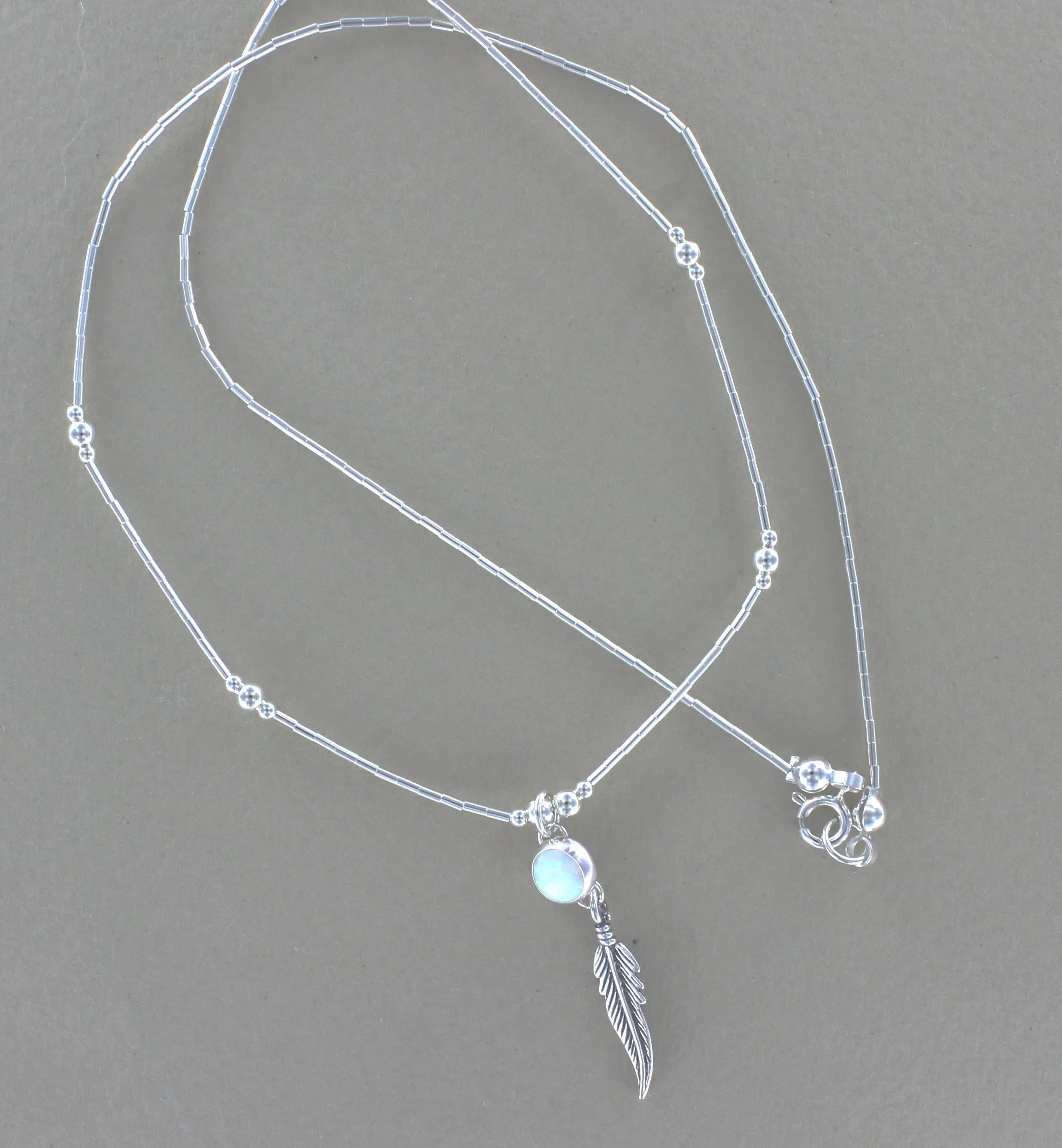 Round Opal Necklace with Feather