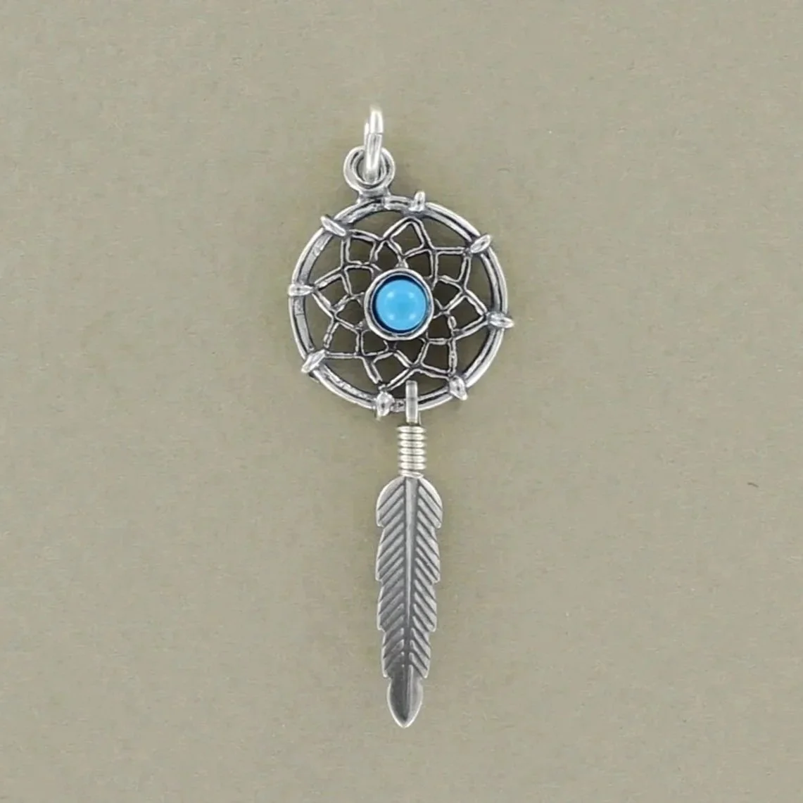 Single Feather and Turquoise Dreamcatcher Sterling Silver Pendant