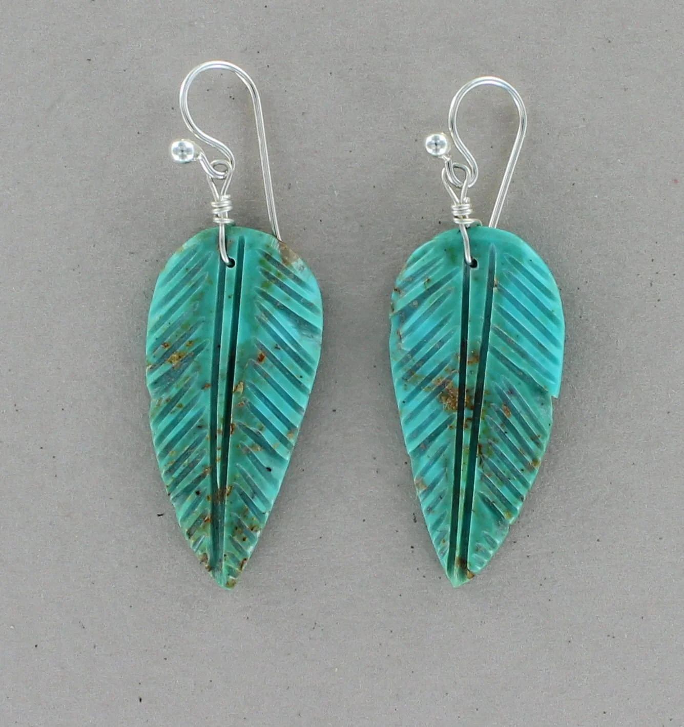 Navajo Turquoise Hand Carved Feather Drop Earrings