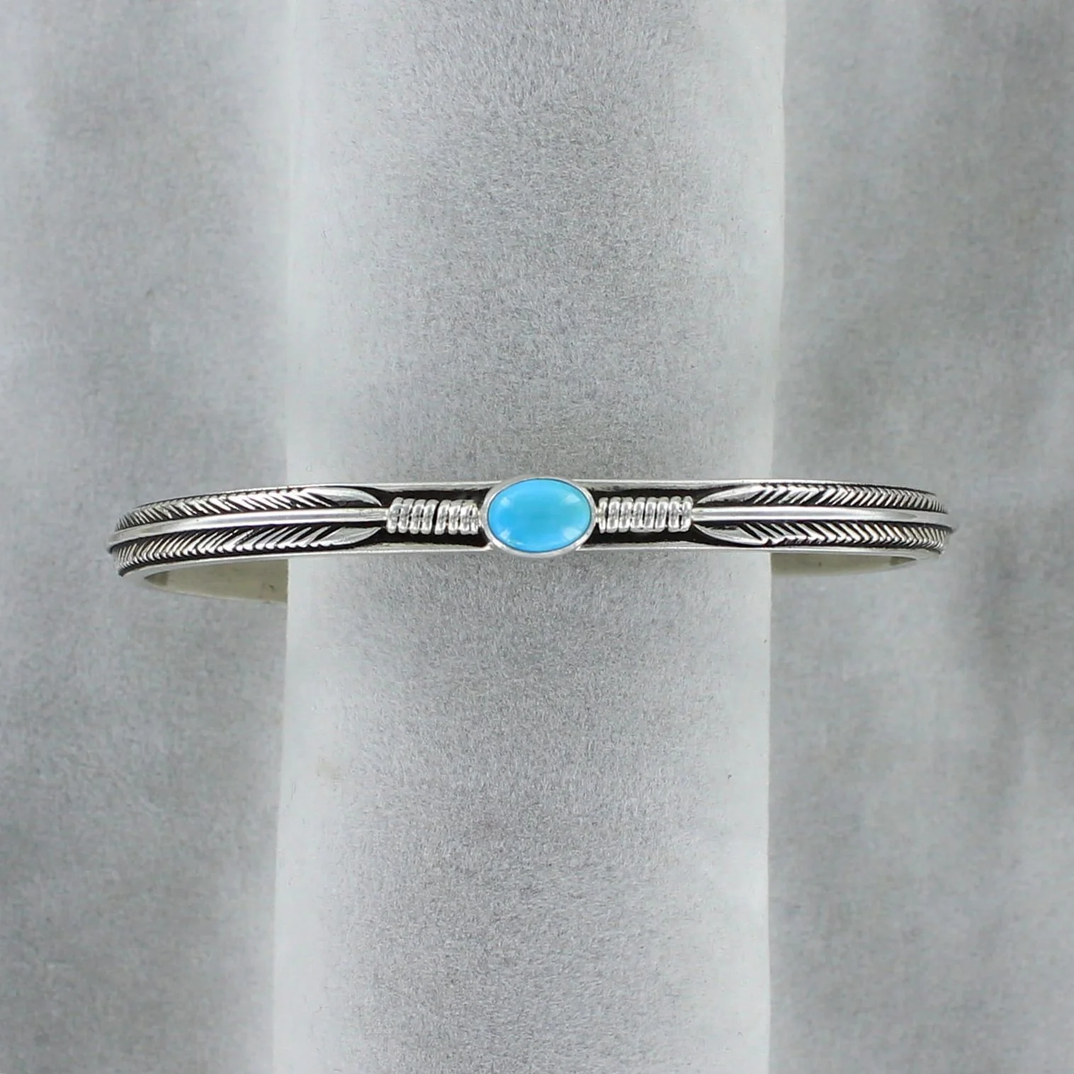 Sleeping Beauty Turquoise Sterling Silver Feather Bracelet by Navajo Artisan Raymond Coriz