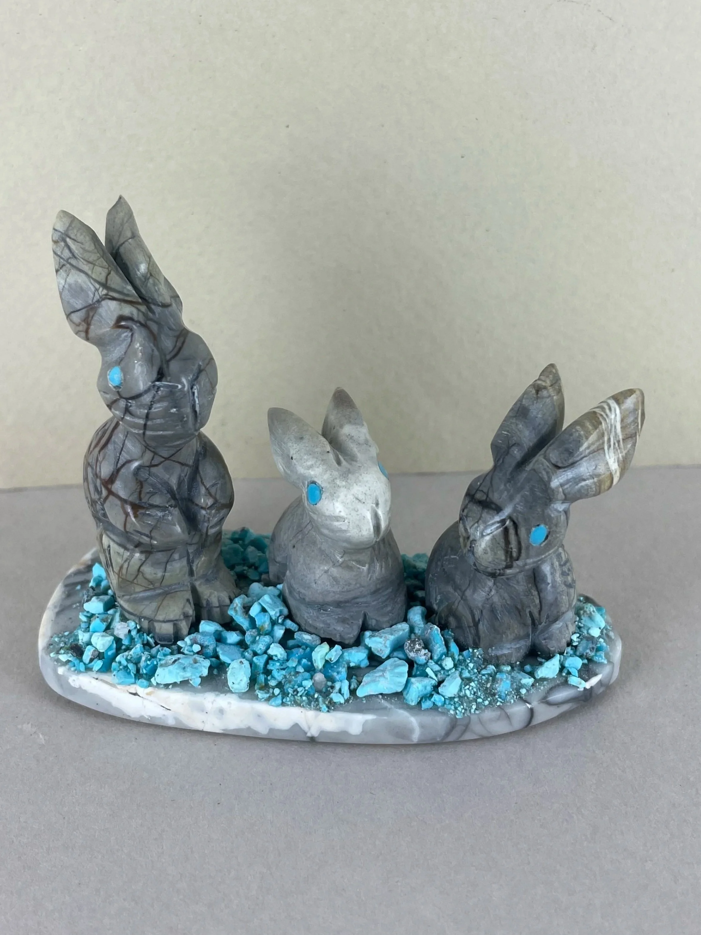 Stafford Chilhoni Picasso Marble and Turquoise Rabbit Family Fetish