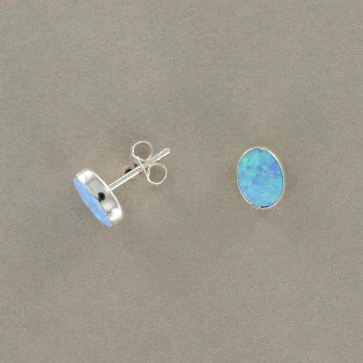 8mm Blue Opal Oval Stud Earrings