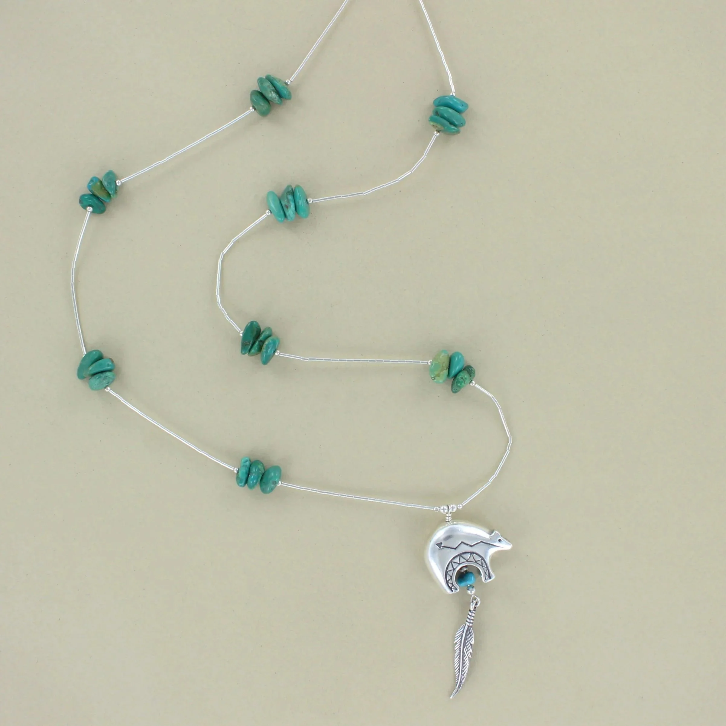 Sterling Silver Fetish Bear with Feather and Turquoise Nuggets 24" Necklace
