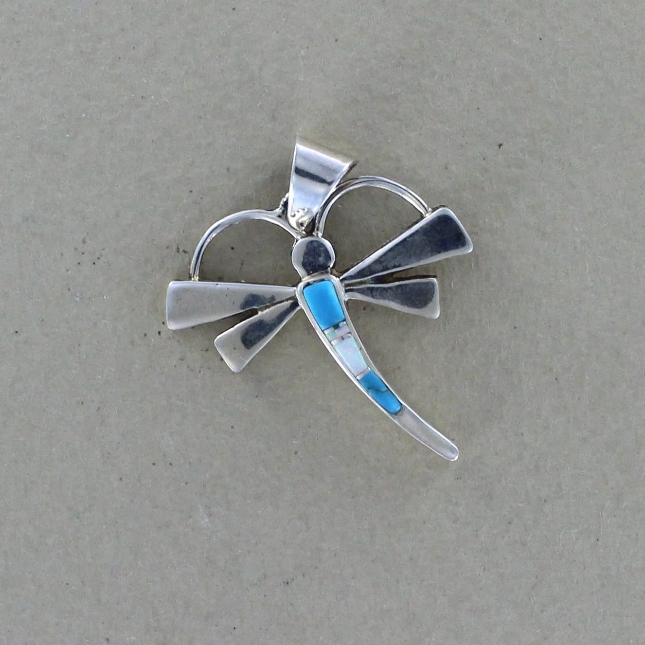 Turquoise and Opal Inlay Handcrafted Dragonfly Sterling Silver Pendant by Calvin Begay