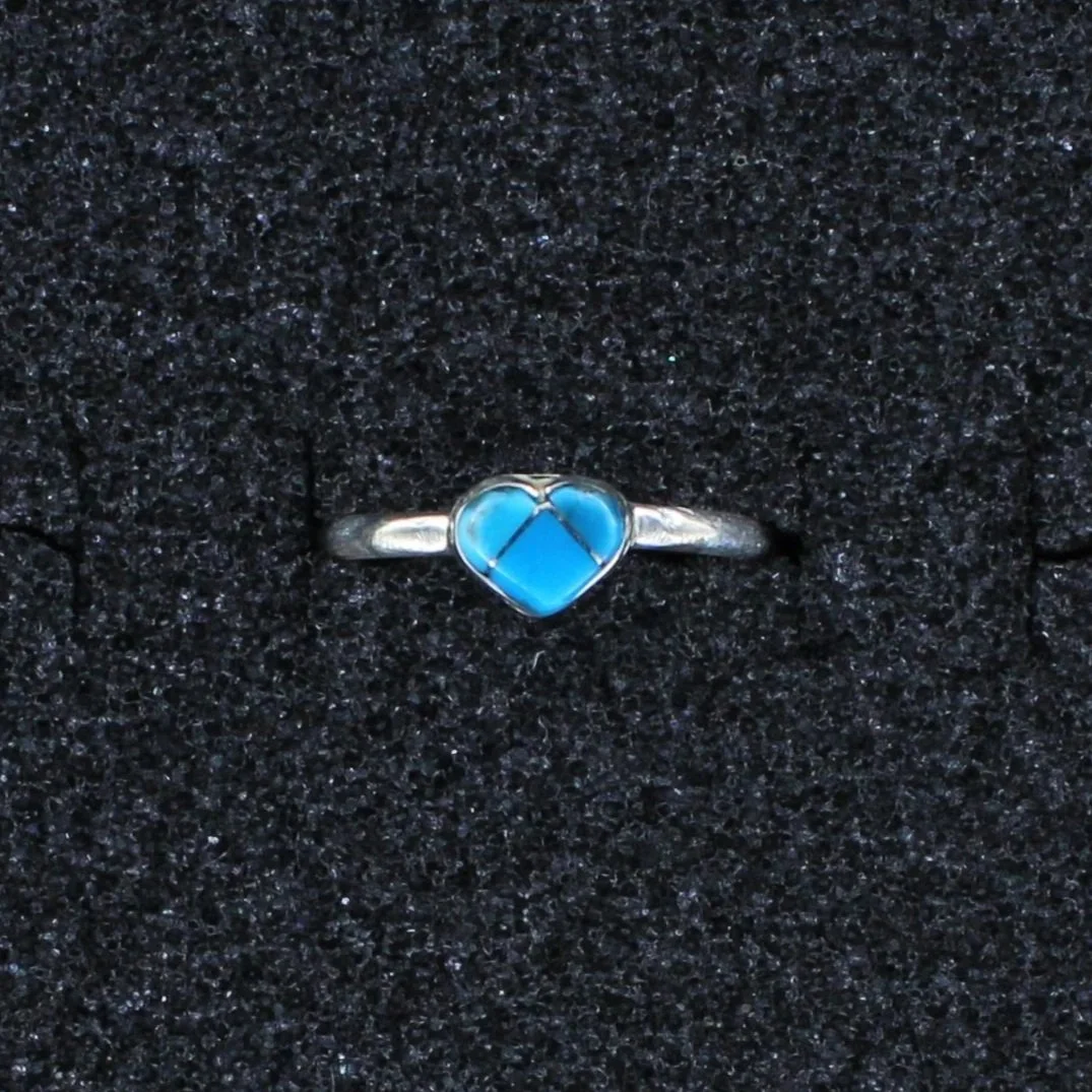 Kingman turquoise inlay heart ring by Zuni artisan