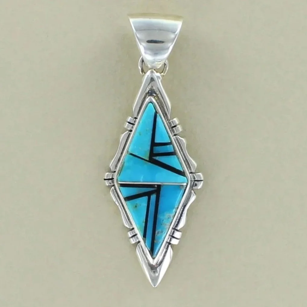 Turquoise and Jet Sterling Silver Diamond Shaped Inlay Pendant by Navajo Artisan Evonne Rogers