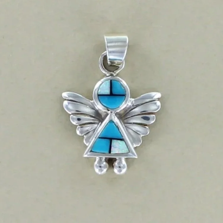 Turquoise and White Opal Inlay Angel Sterling Silver Pendant by Navajo Artisan Patricia Platero