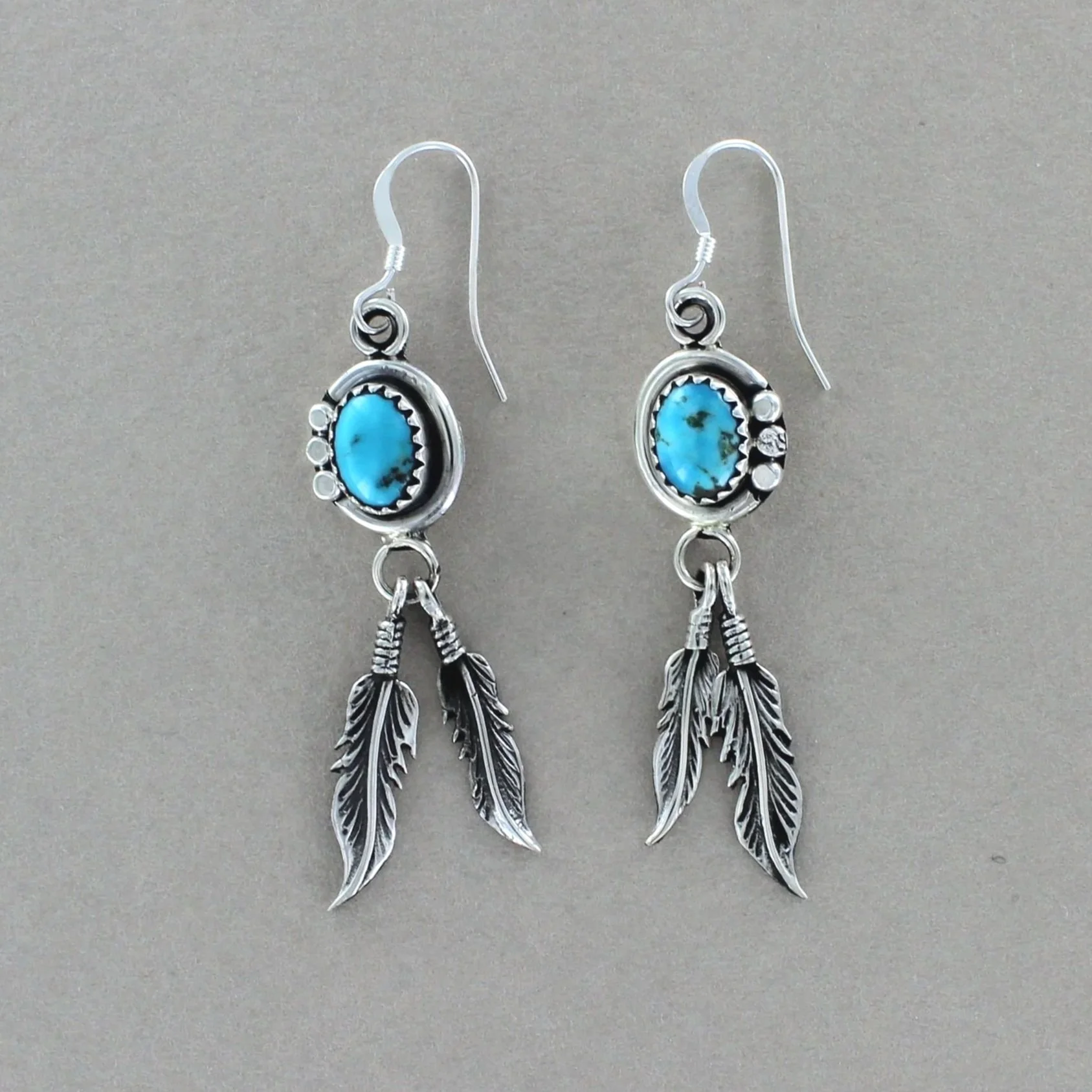 Authentic Navajo Turquoise Feather Drop Earrings by Annie Spencer