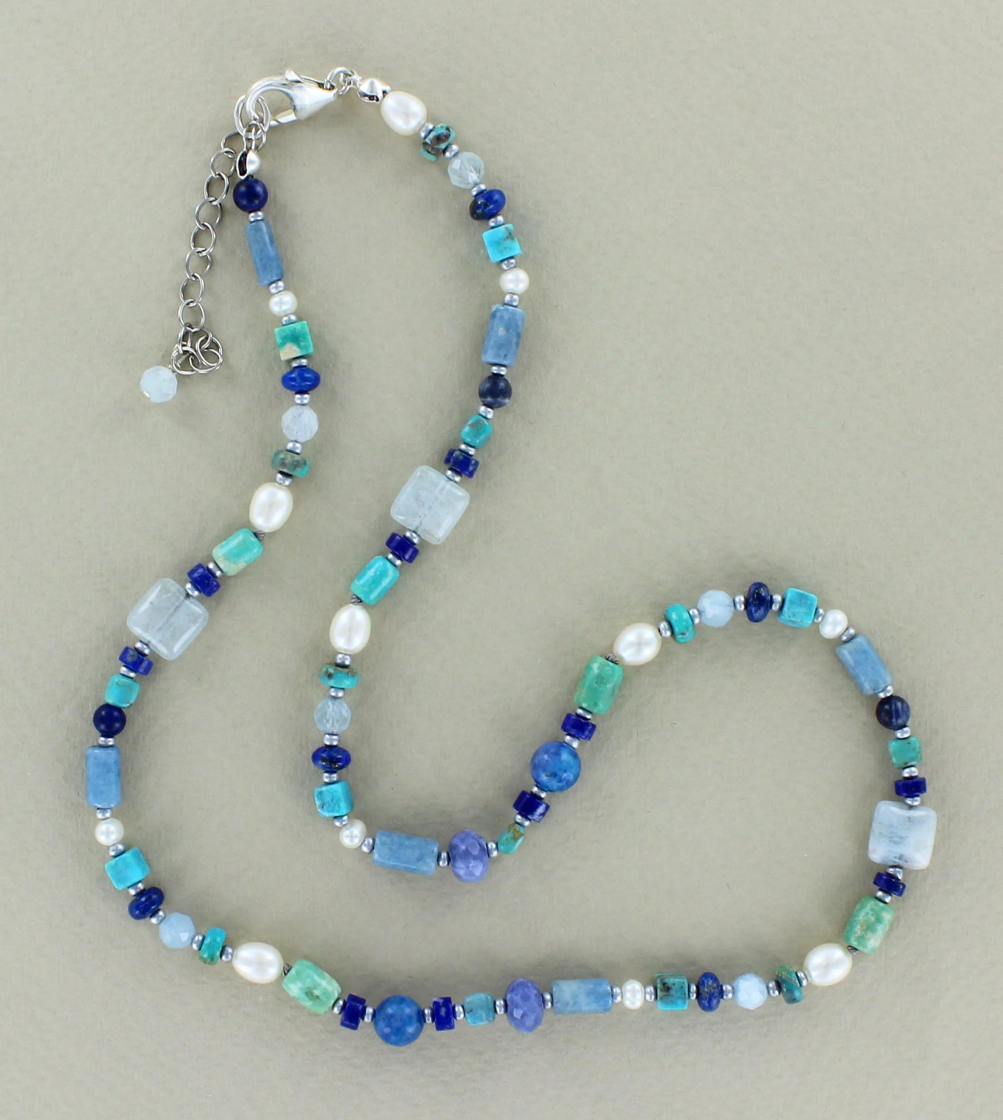 Turquoise, Lapis, Aquamarine and Pearl Bead Necklace