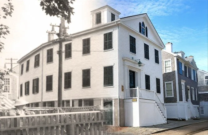 A white Nantucket house shown then and now, blending from a historic photograph into the present day