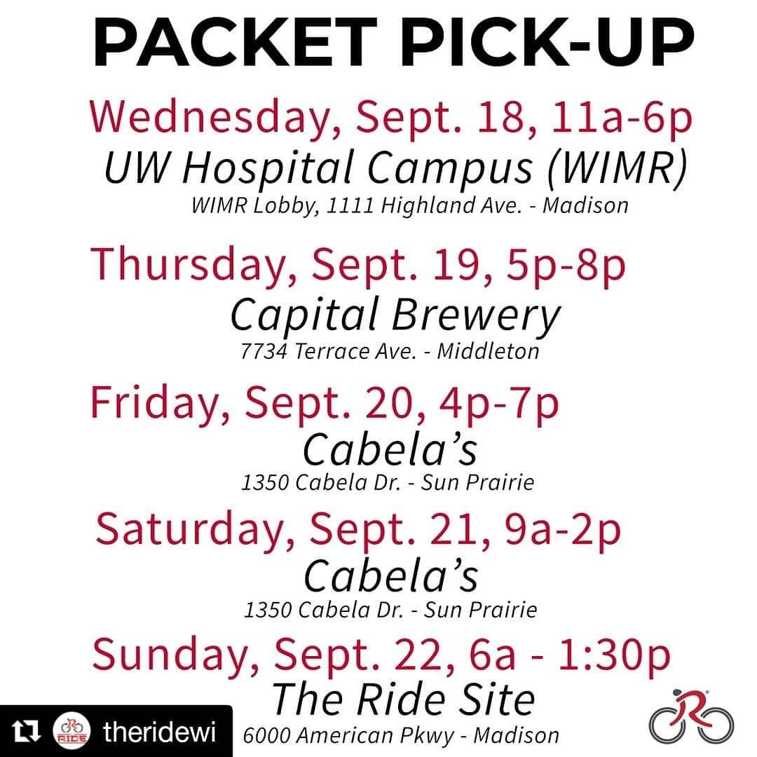 Very happy to be doing ride support for @theridewi

#Repost @theridewi
・・・
We have you covered whether you are on the east side, west side or downtown Madison. Packet pick-up begins on Wednesday.

Full details 👉  TheRideWI.org/event/schedules/