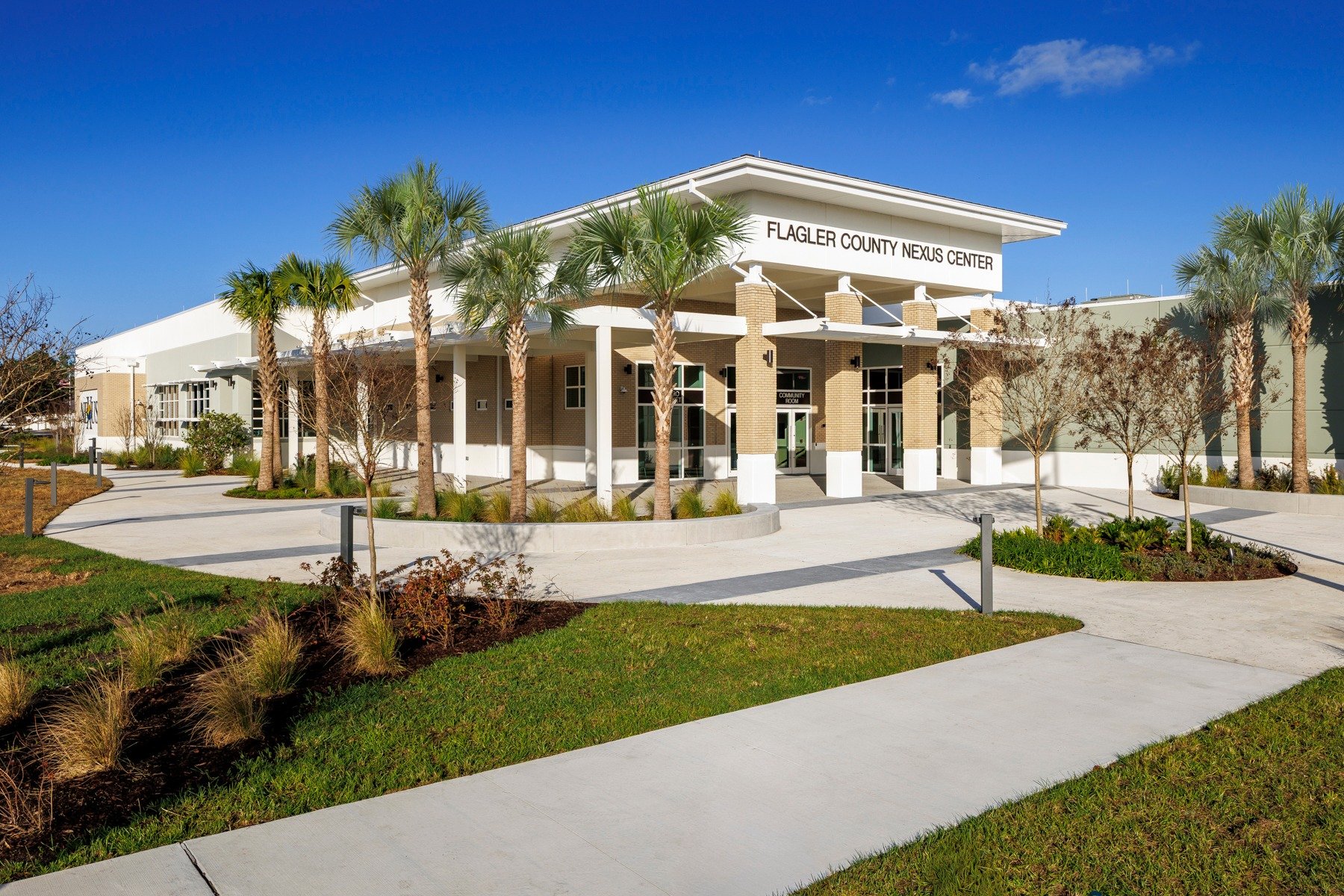 NEXUS CENTER | Catalyst provided landscape architecture and master planning services for the new Nexus Center in Bunnell. This 23,000‑SF community hub brings together the Bunnell Library, Health &amp; Human Services, and vibrant community spaces&mdas