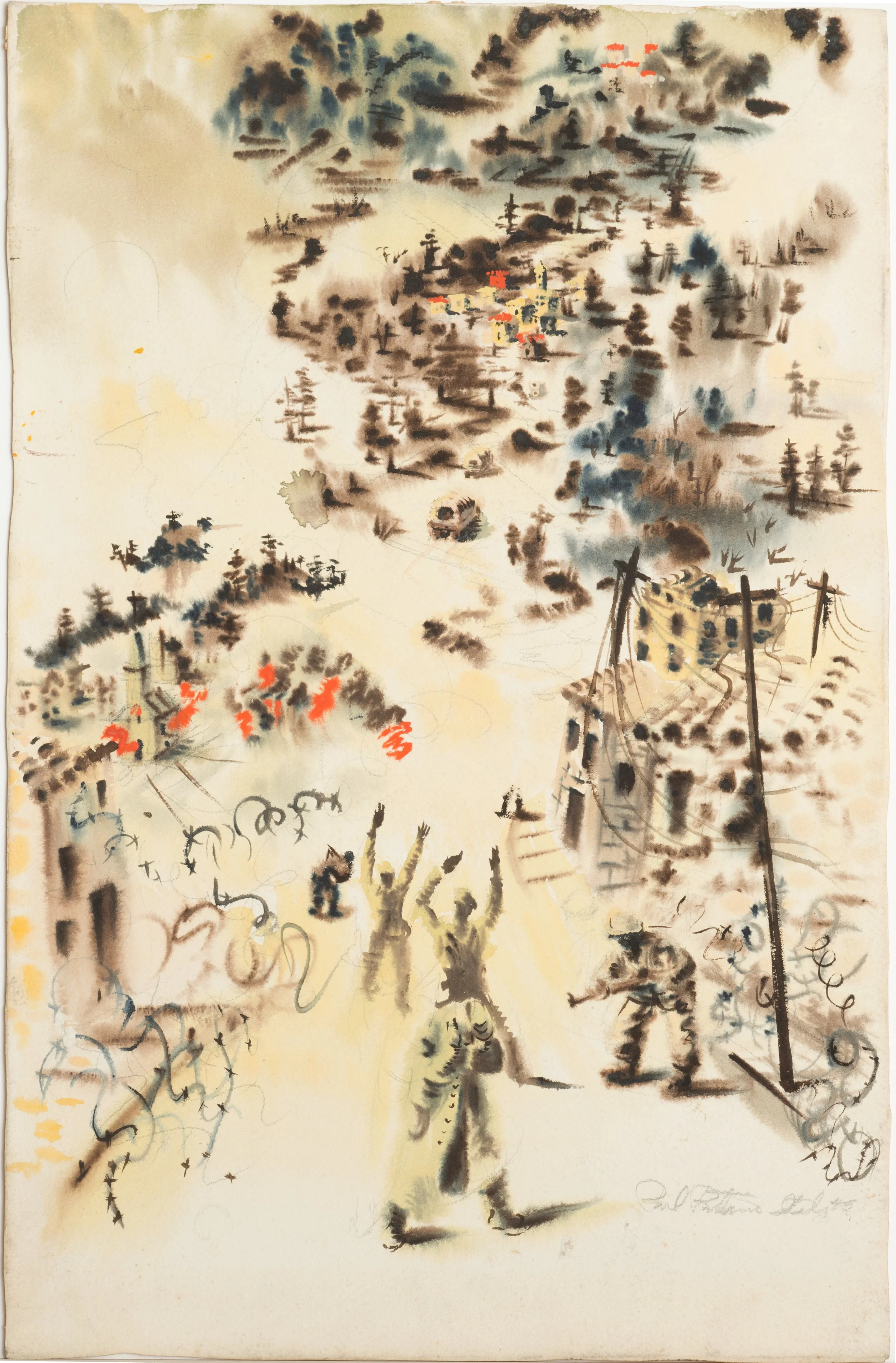 Taking Prisoners in Monzuno, Italy; 1945, watercolor, 21 x 13.5 in.