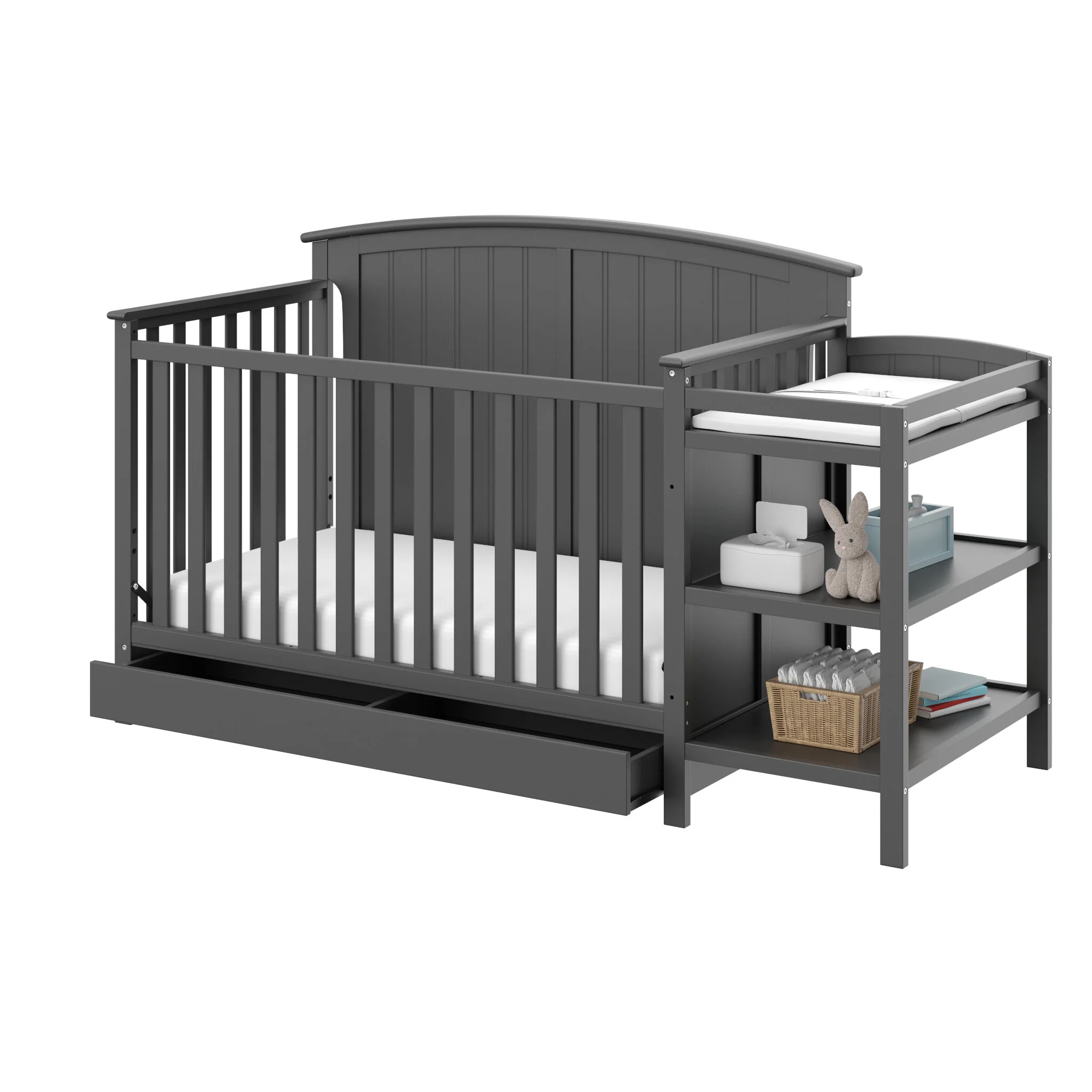 gray crib with changing table