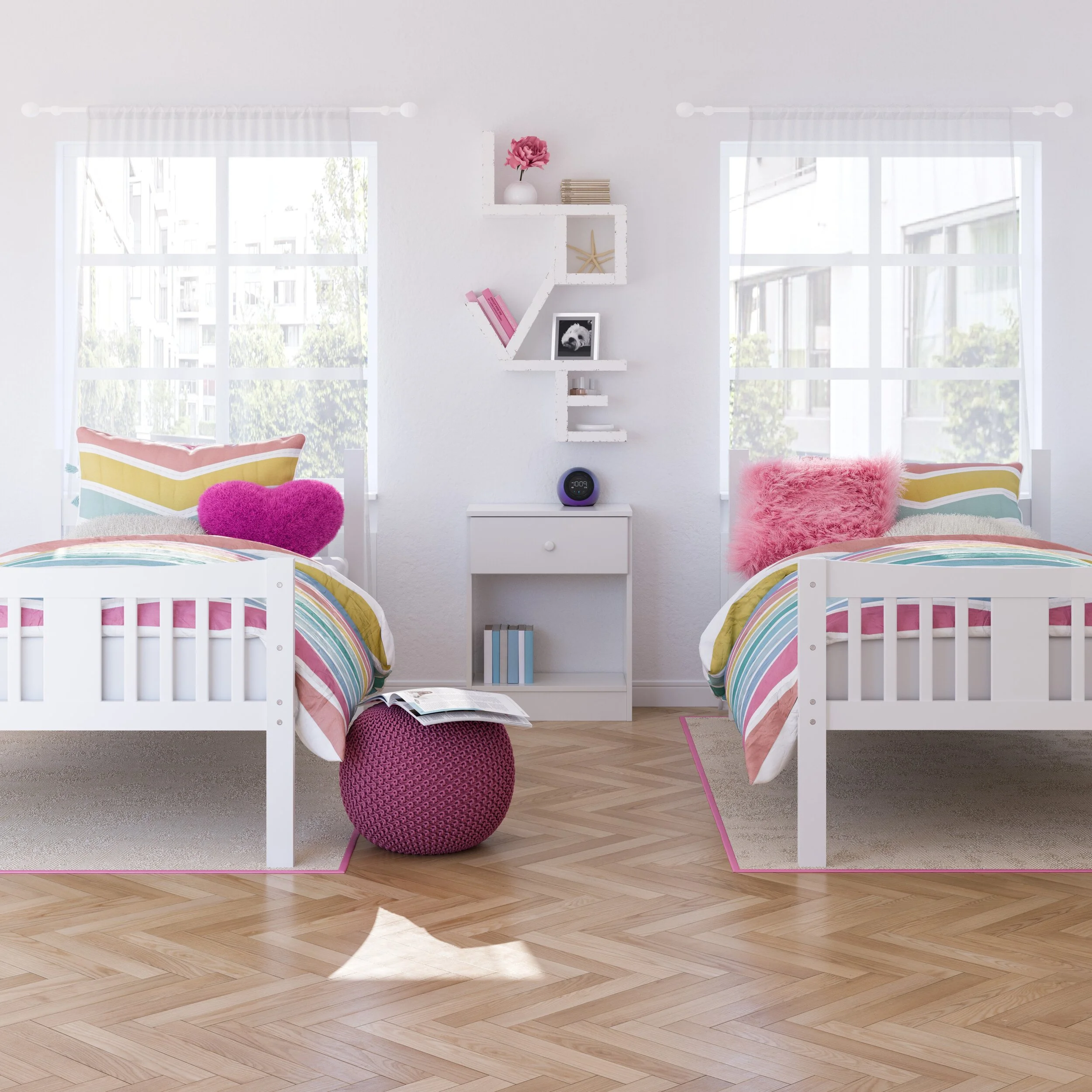 white bunk beds that separate