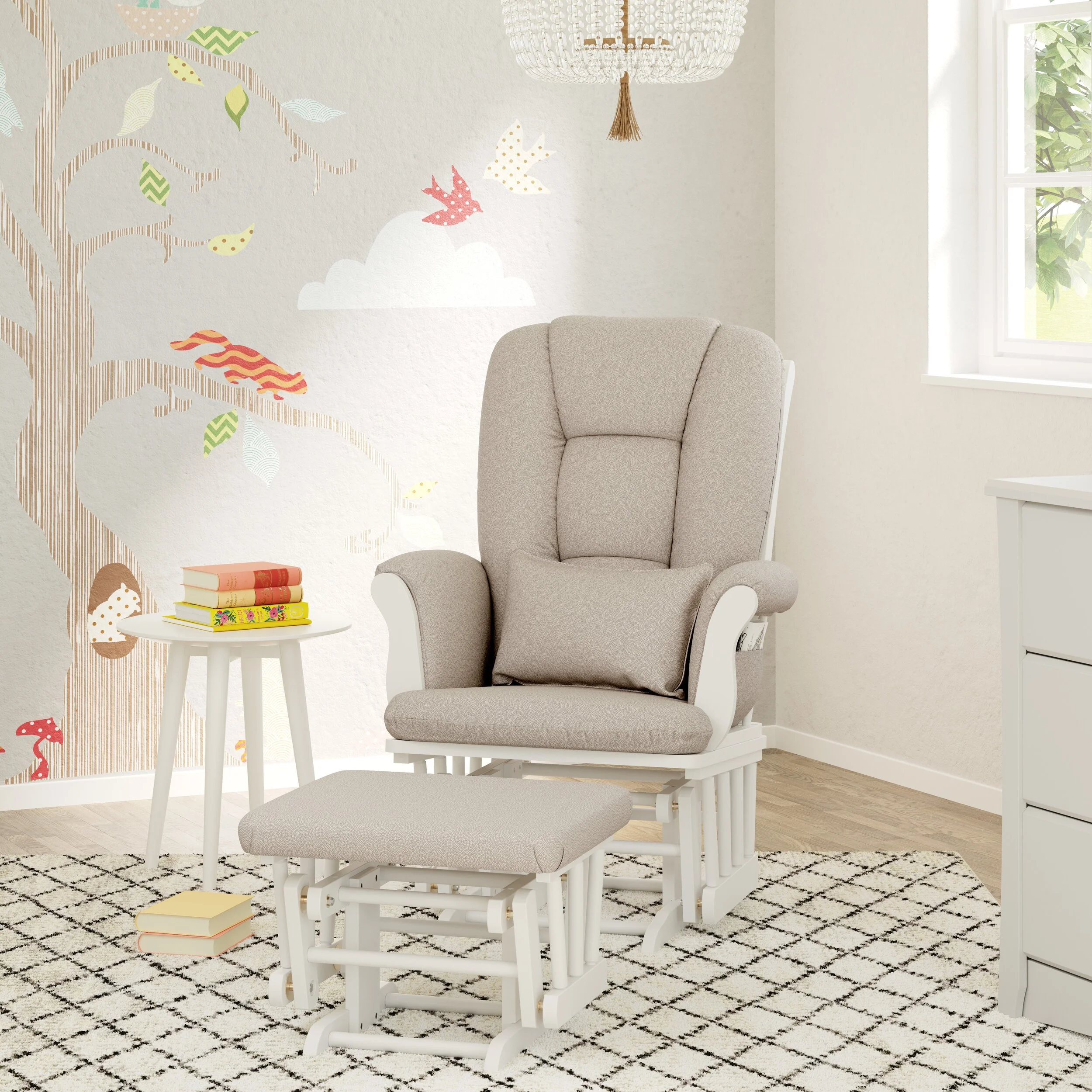 storkcraft tuscany custom glider and ottoman with lumbar pillow