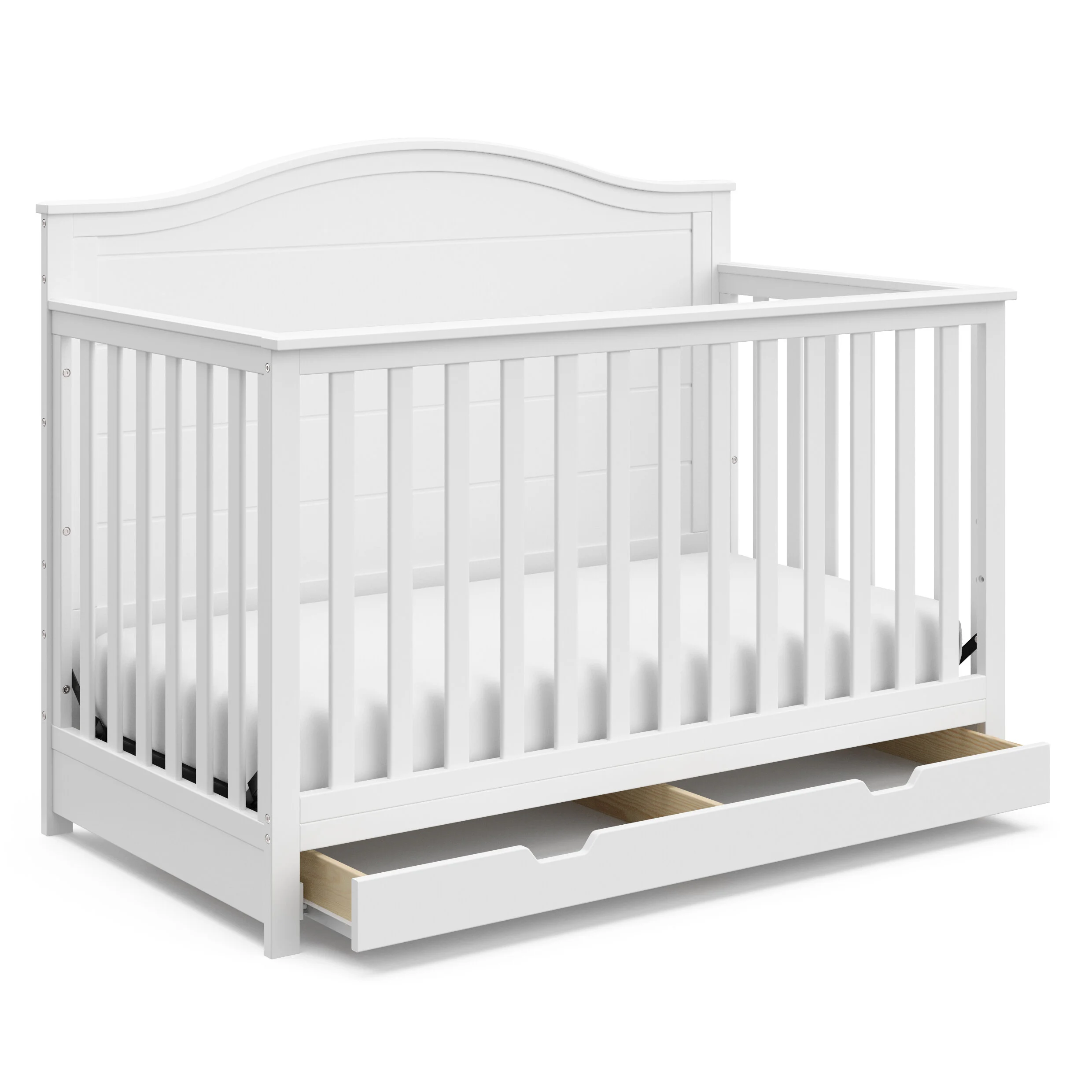 white crib with storage