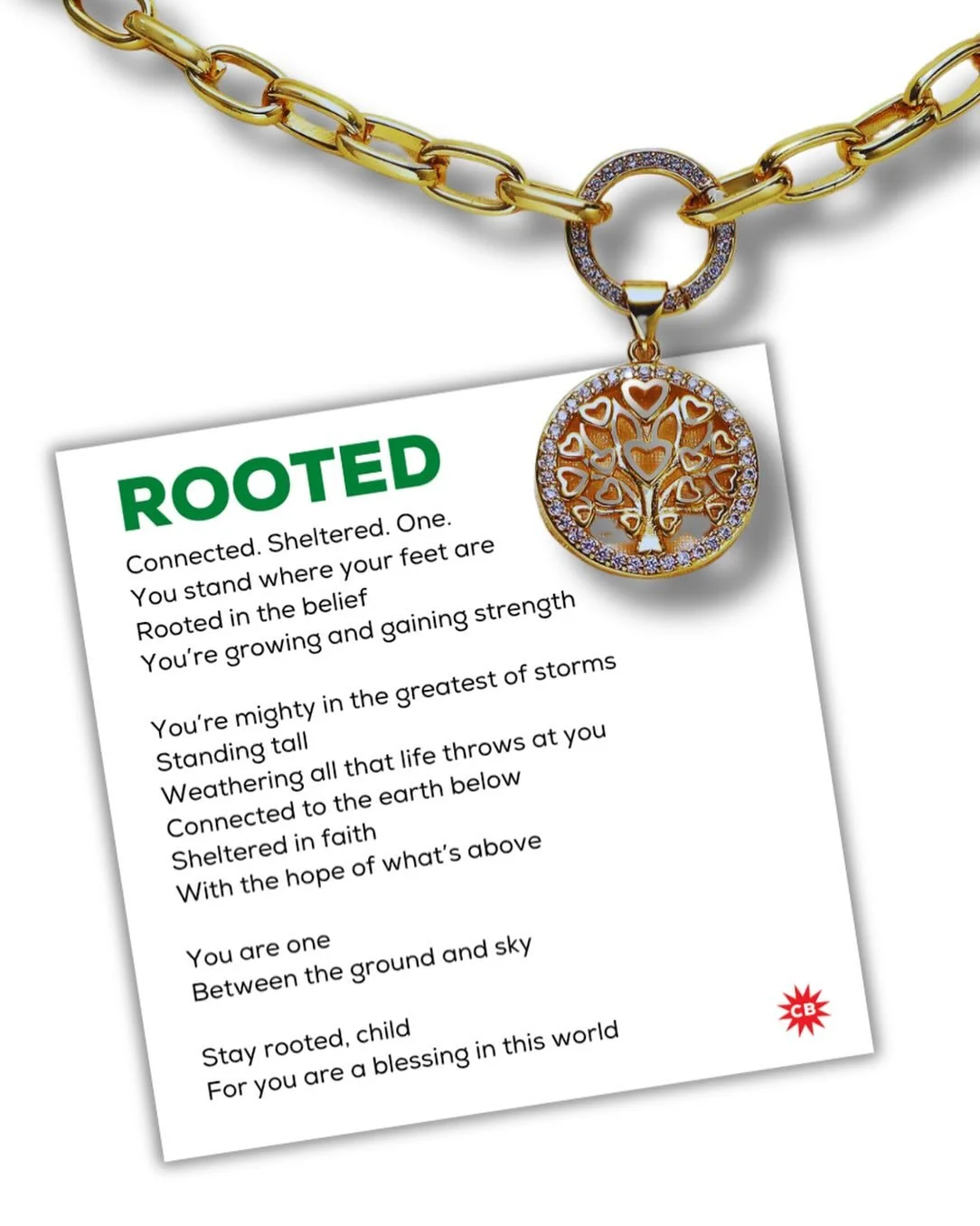 ROOTED 🌳 // Be where you&rsquo;re feet are. New drop and ready to ship week of 10/13! 🎉 CheekyBoom.com
. . . 
18&rdquo; triple-plated paperclip chain necklace with CZ clasp and tree of life pendant encircled with CZs.
. . .
#necklace
#treeoflife
#r