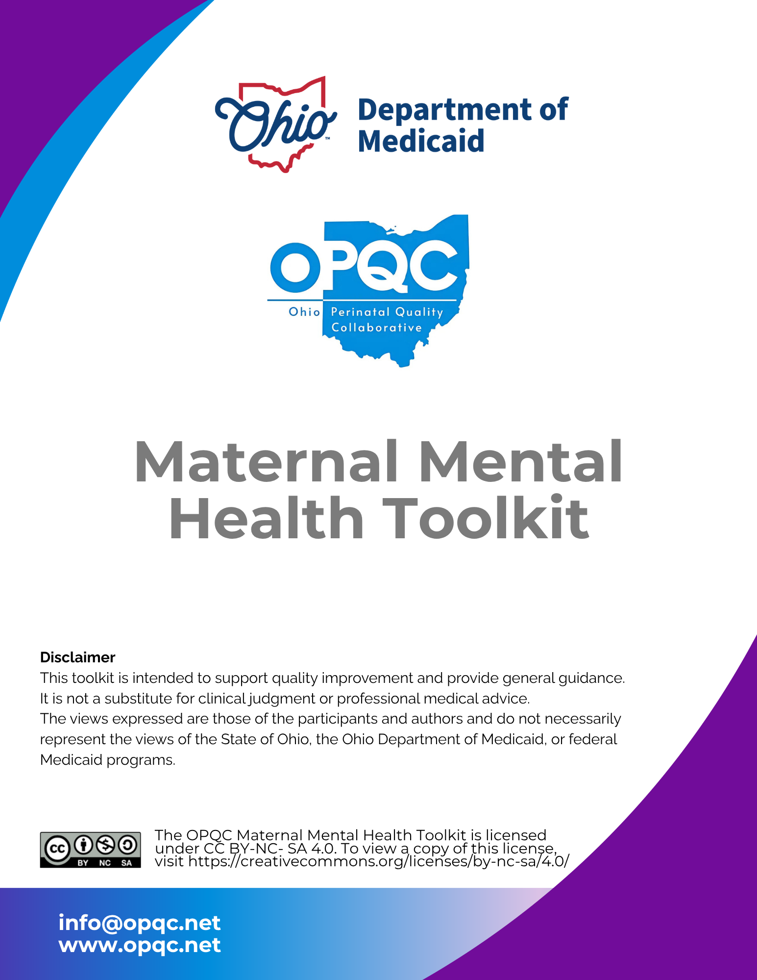 Image of front cover of Maternal Mental Health Toolkit featuring the Ohio Department of Medicaid and OPQC logo.