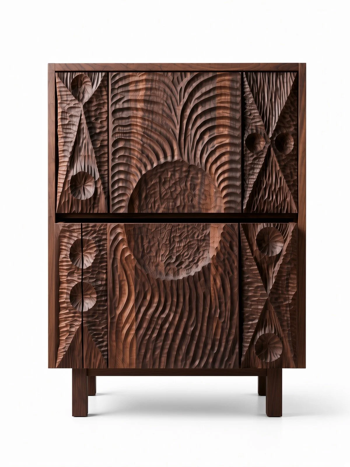 A handmade walnut cabinet with carved geometric and abstract designs on its doors and panels made by Wooden Objex.