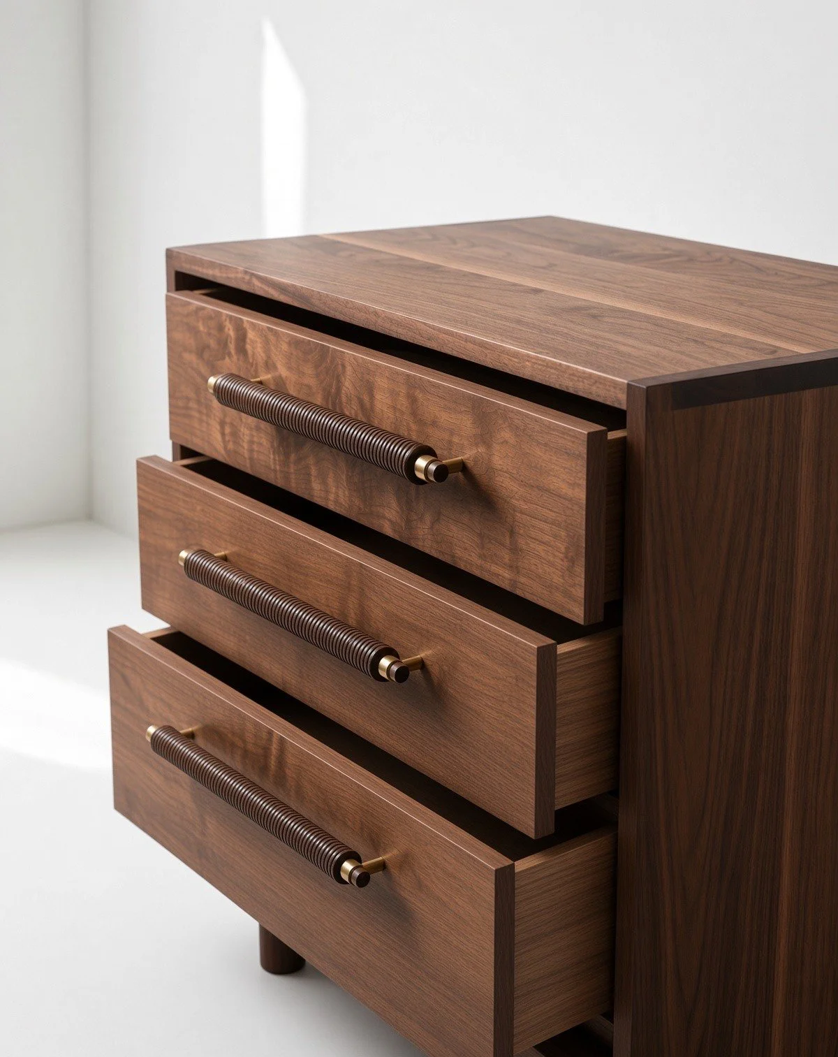 A close-up of a wooden furniture piece with three drawers, each with a metal, coiled handle, against a plain white wall.