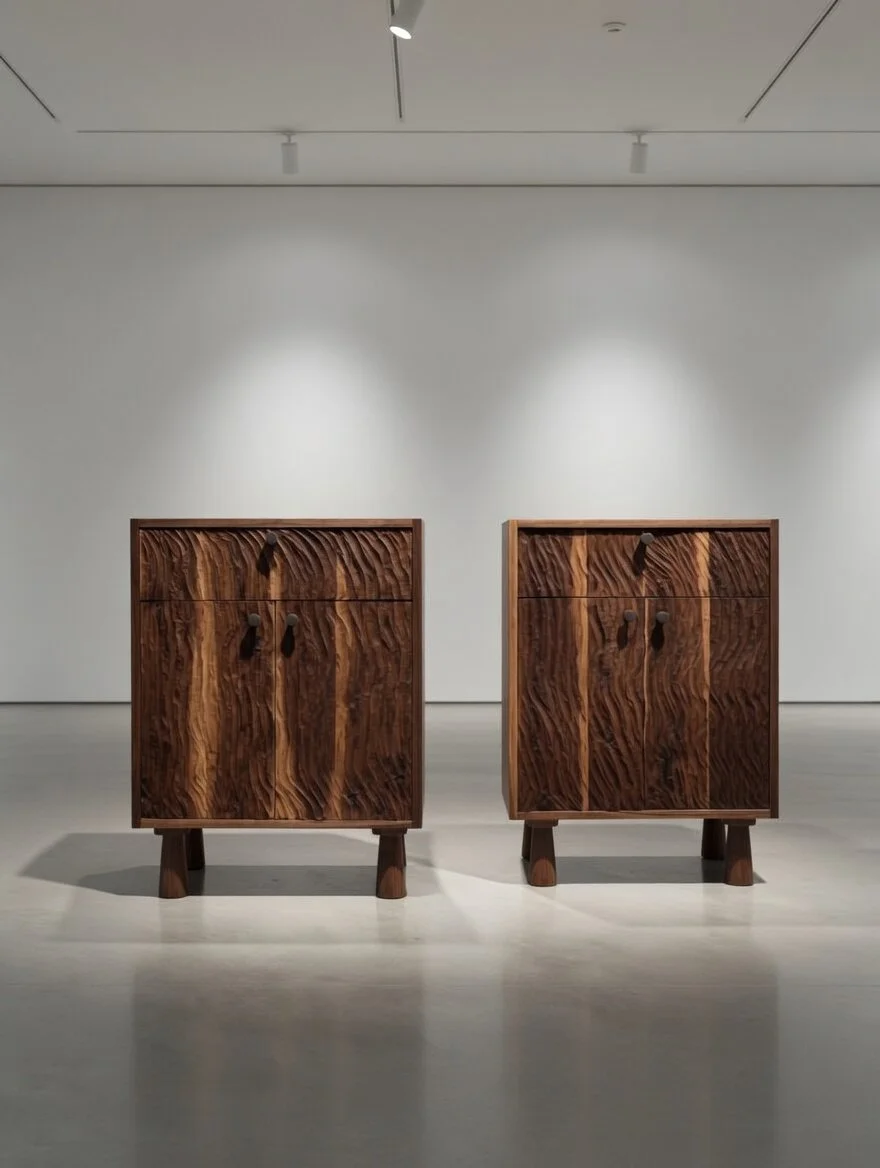 Hand Carved Pair of Nightstands in Black Walnut