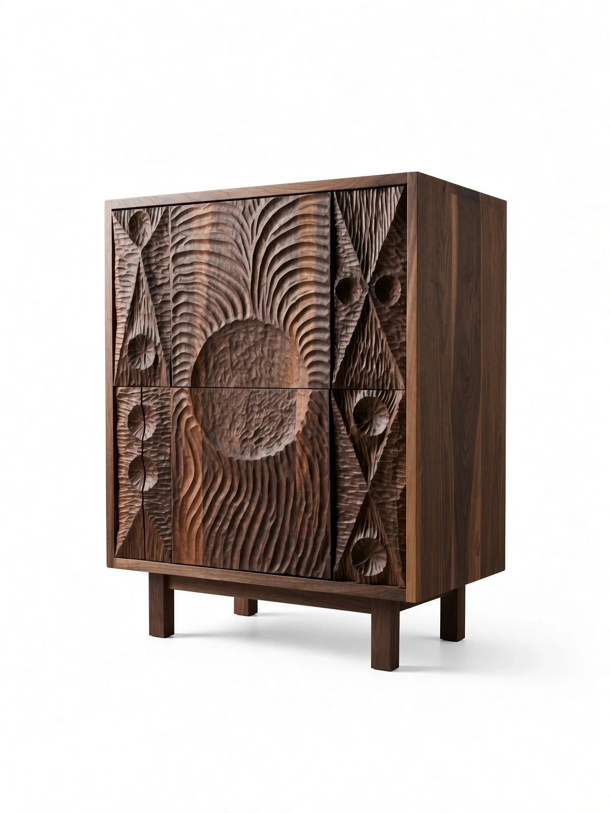 A handmade wooden cabinet with two carved drawers featuring textured chip carved geometric and organic patterns, set on four legs.