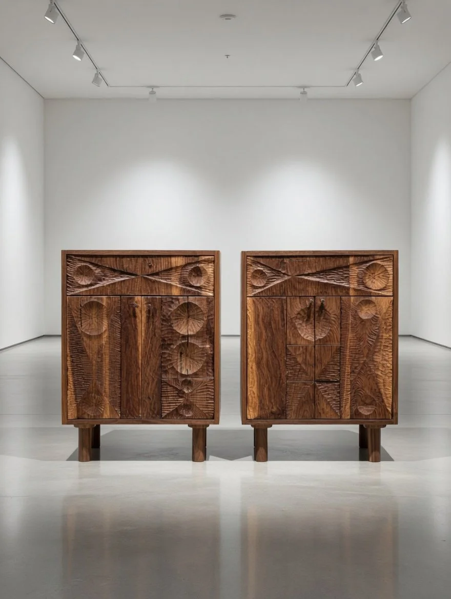 Hand Carved Pair of Nightstands in Black Walnut - Geo Pattern