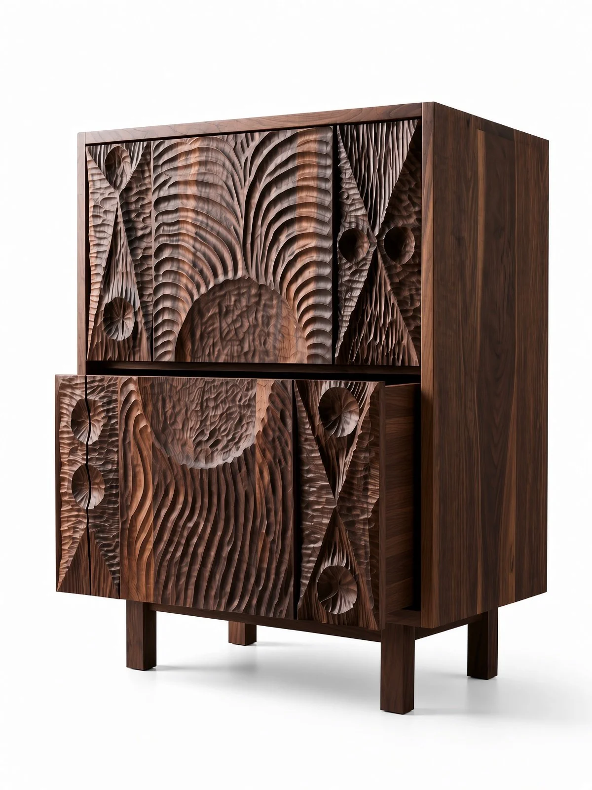 A handmade wooden cabinet with two carved drawers featuring textured chip carved geometric and organic patterns, set on four legs.