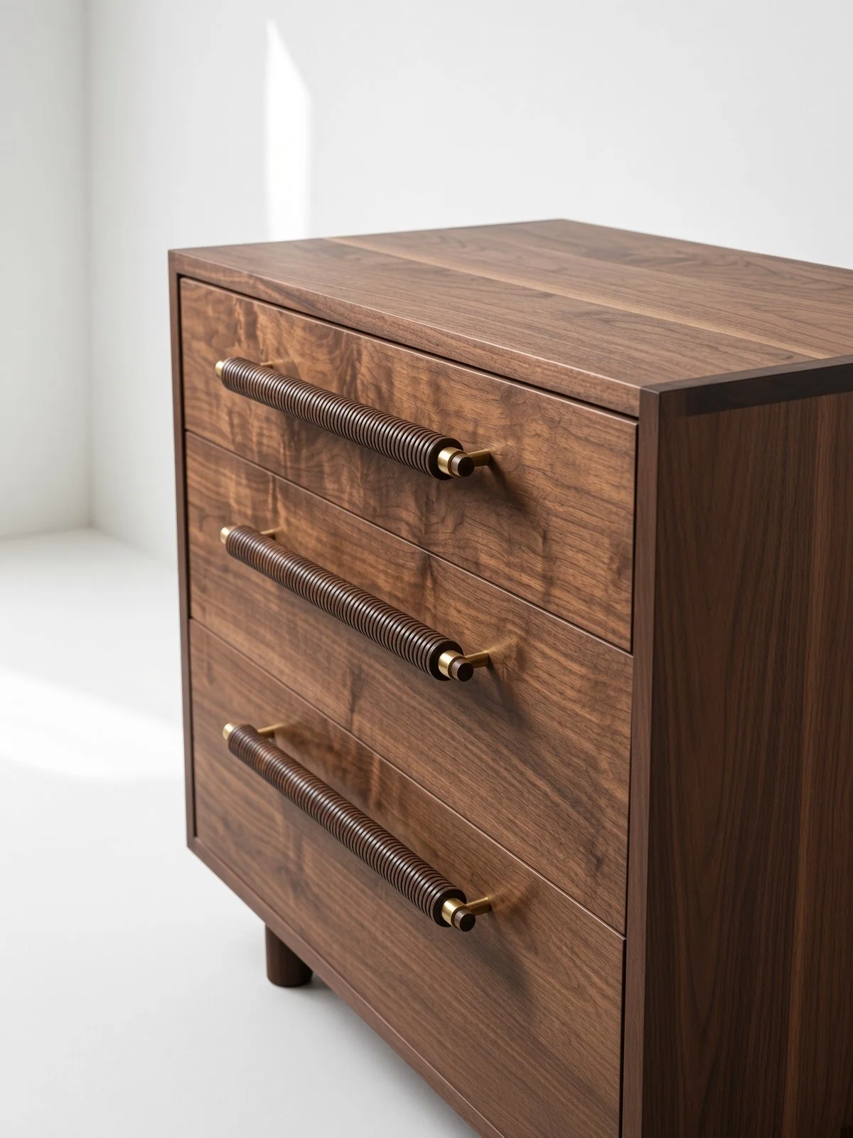 A wooden dresser with four drawers and horizontal black and gold handles, positioned near a white wall and window.