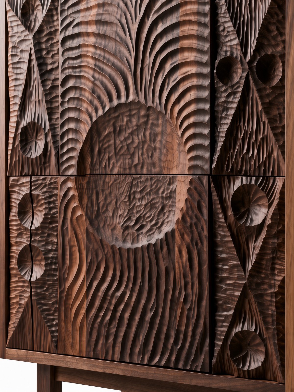 Close-up of a handmade walnut cabinet with carved geometric and abstract designs on its doors and panels made by Wooden Objex.