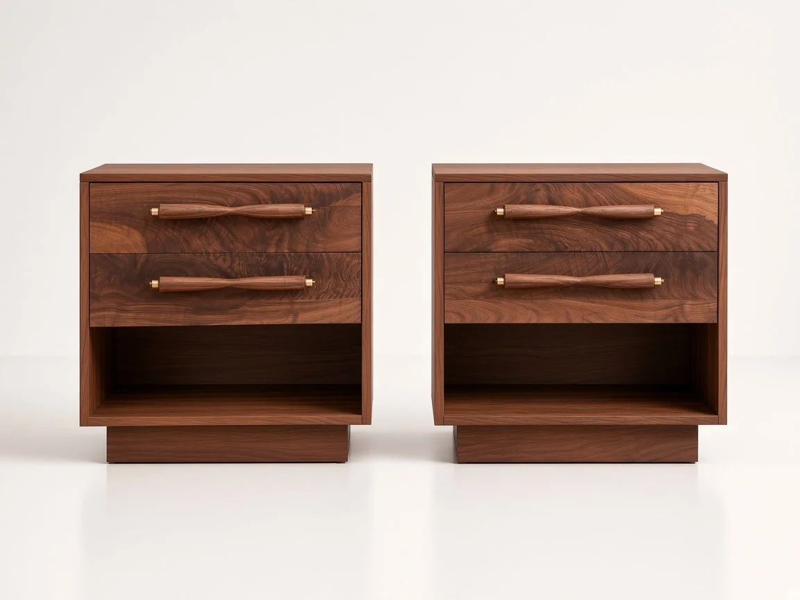 Two handmade wooden nightstands with two drawers each and a lower open storage space, featuring handmade curved handles designed by Wooden Objex.