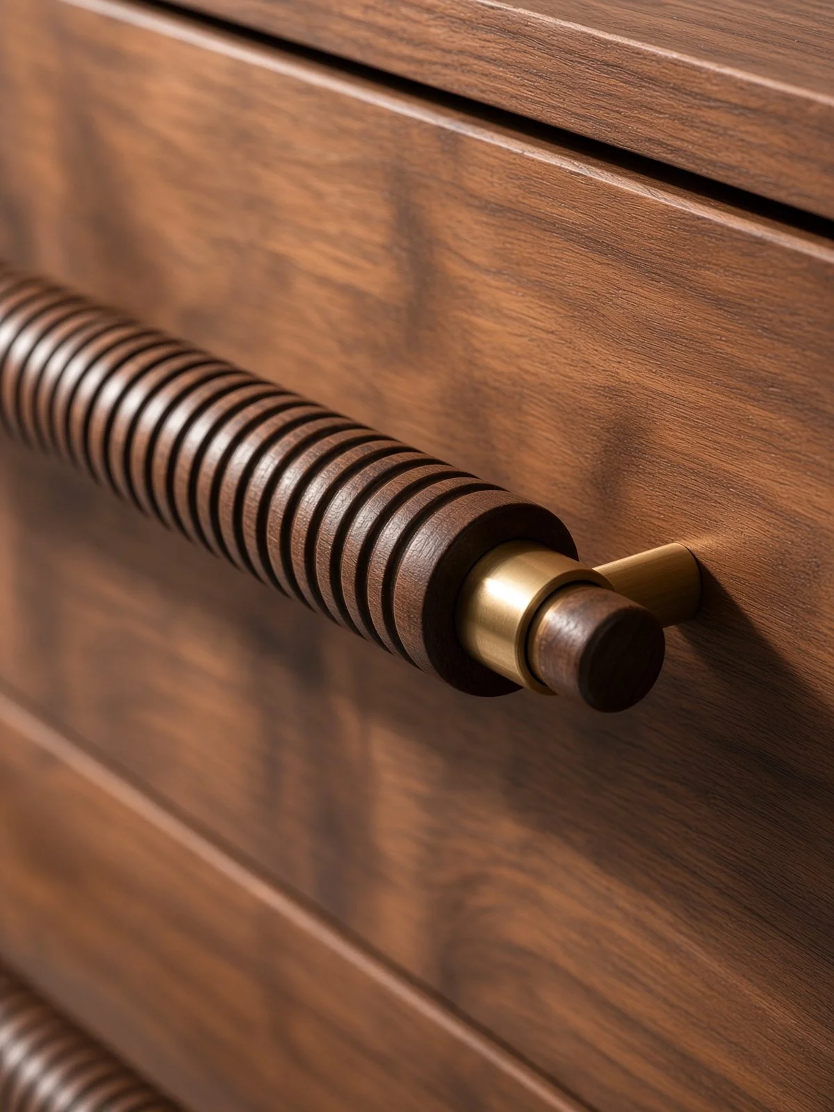 Close-up of a wooden drawer with a brass handle.