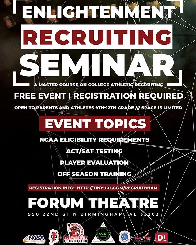 Birmingham Athletes‼️ If you&rsquo;re a high school athlete and you want to play college sports, you need to be at this FREE recruiting seminar on March 12! 
Space is limited ❗️Registration required 
Register at tinyurl.com/recruitbham