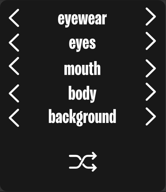 Screen showing a menu with options: eyewear, eyes, mouth, body, background, and a pair of crossed arrows at the bottom.