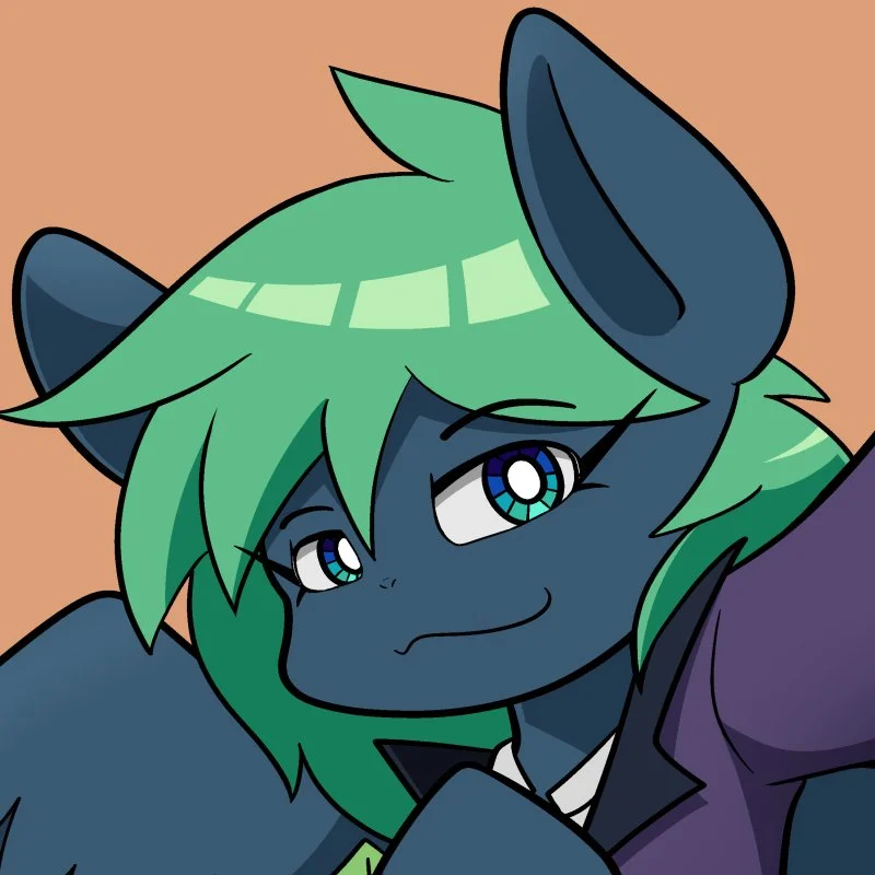 Illustration of an anthropomorphic pony with dark blue fur, green spiky hair, and large blue eyes, wearing a dark purple jacket, with a confident smirk.