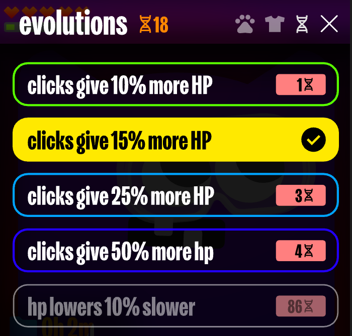 Video game interface showing options for increasing or decreasing character's hit points, with color-coded selections and icons indicating the amount of increase or decrease in hit points.
