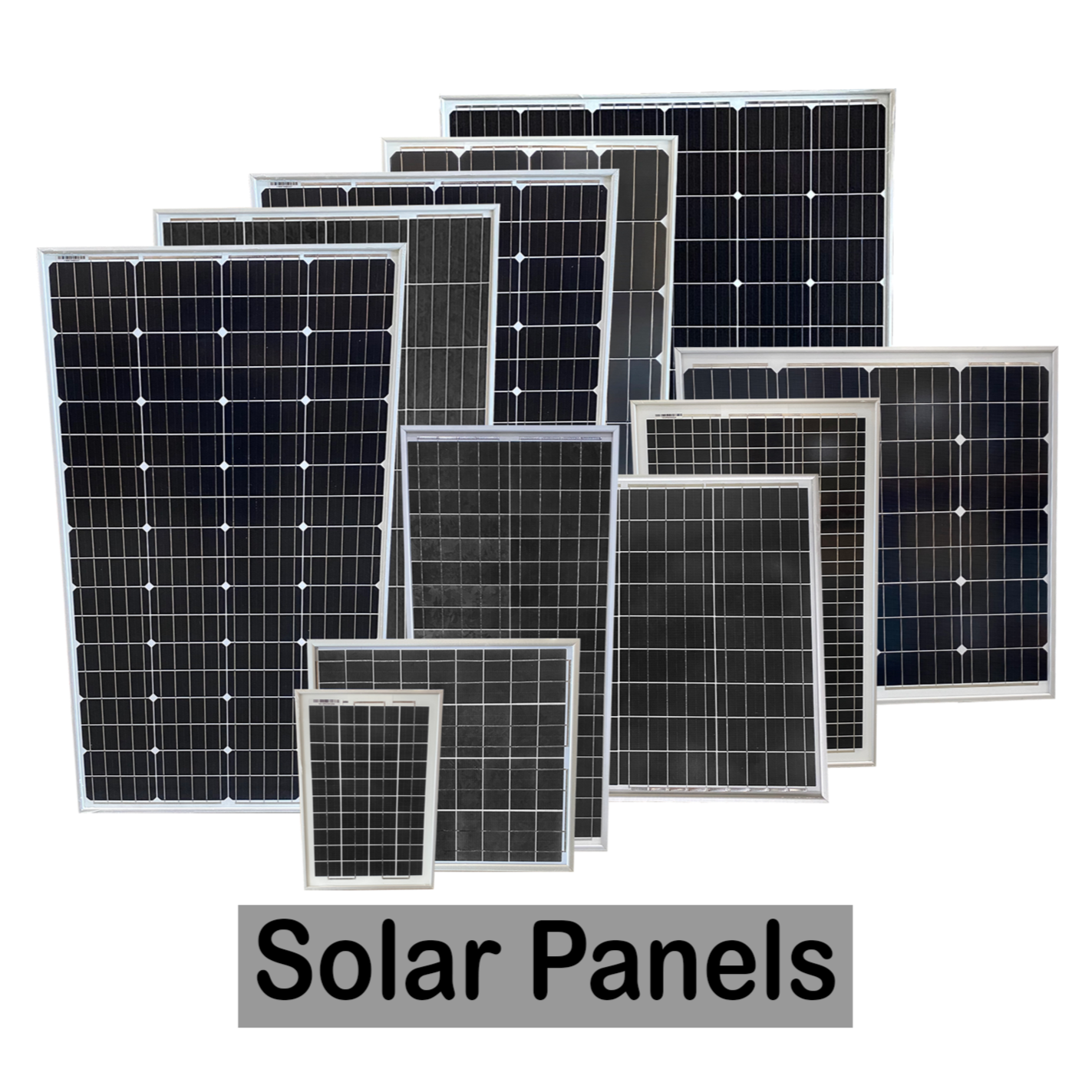 Multiple black solar panels with white borders arranged in a cluster, with the text 'Solar Panels' at the bottom.