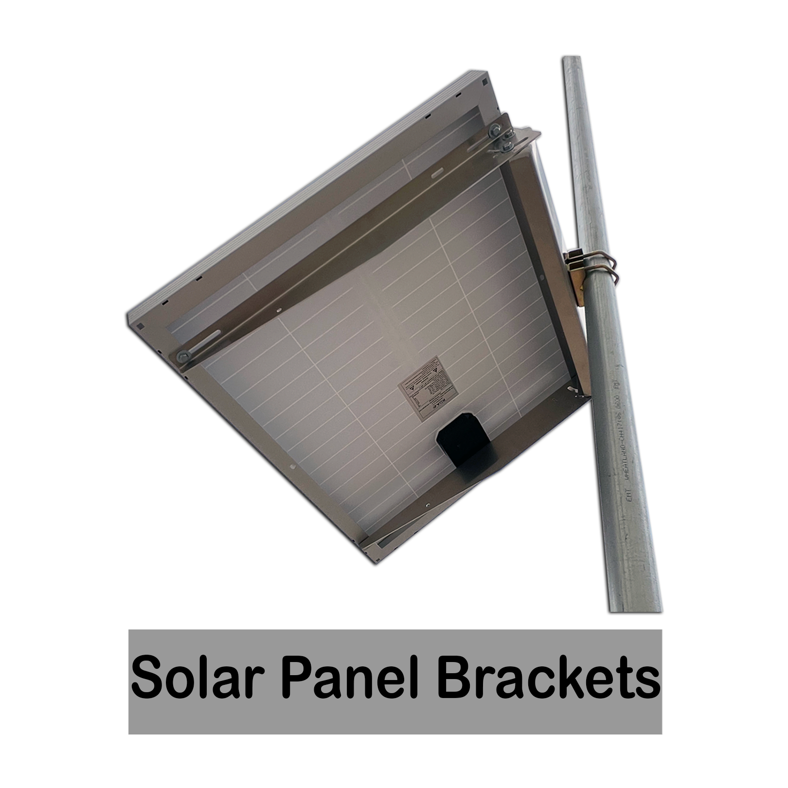 A solar panel mounted with metal brackets on a pole against a black background.