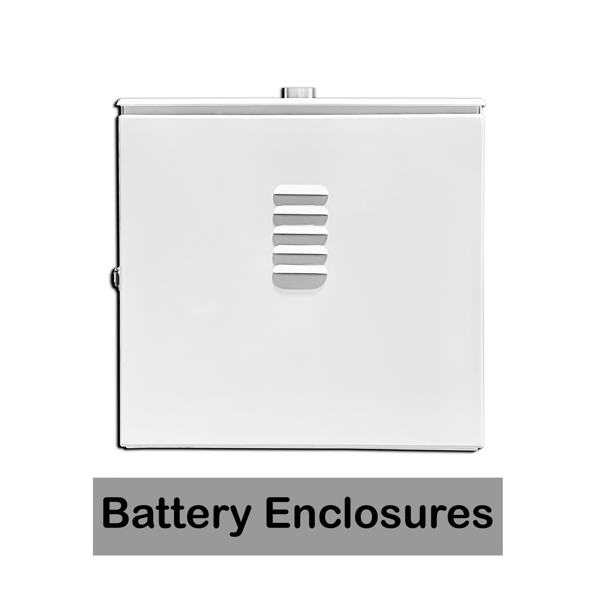 White metal battery enclosure box with a vented panel on black background and the label 'Battery Enclosures' underneath.