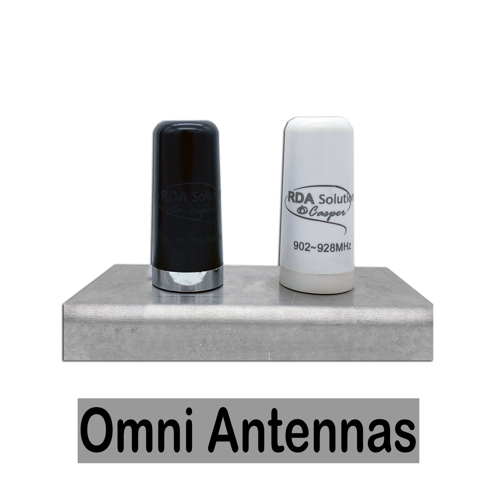 Two omni-directional antennas, one black with silver band and one white with black lettering, are placed on a metallic surface against a black background. The caption reads 'Omni Antennas'.