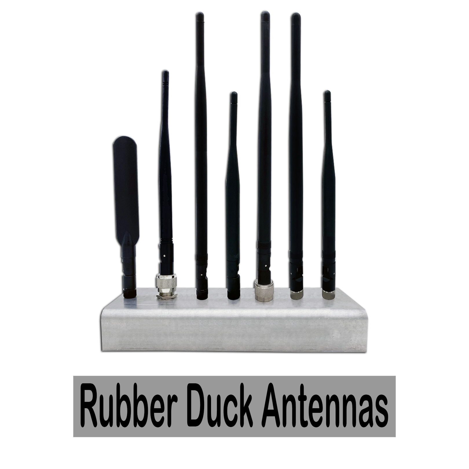 Collection of rubber duck antennas on a metal base with black background and label 'Rubber Duck Antennas'.