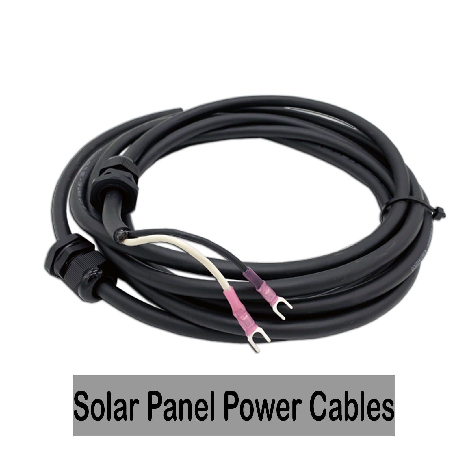 Coiled black solar panel power cables with pink and white connectors, labeled as 'Solar Panel Power Cables'.